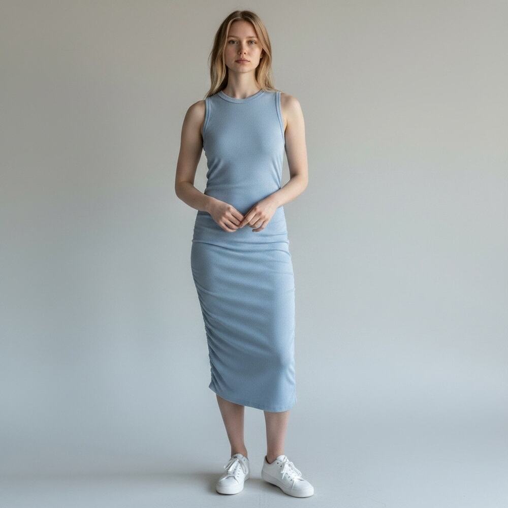SHEIN Womens Large Light Blue Ribbed Ruched Cutout Back Midi Bodycon Dress